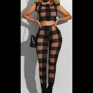 Brown And Black Plaid Pant Set
